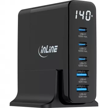 InLine USB PD τροφοδοτικό, φορτιστής GaN, 5 θυρών, USB-C + USB-A, 140W, με ένδειξη