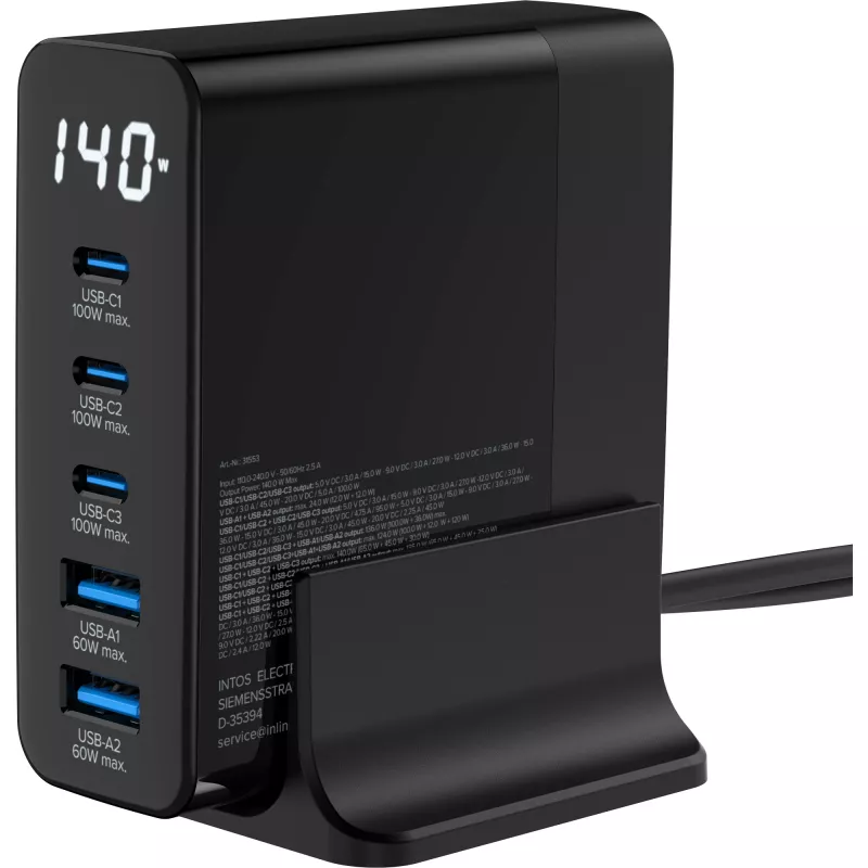 InLine USB PD τροφοδοτικό, φορτιστής GaN, 5 θυρών, USB-C + USB-A, 140W, με ένδειξη