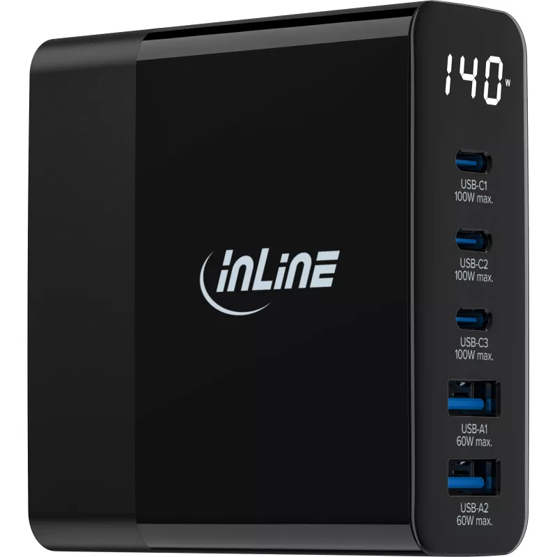 InLine USB PD τροφοδοτικό, φορτιστής GaN, 5 θυρών, USB-C + USB-A, 140W, με ένδειξη
