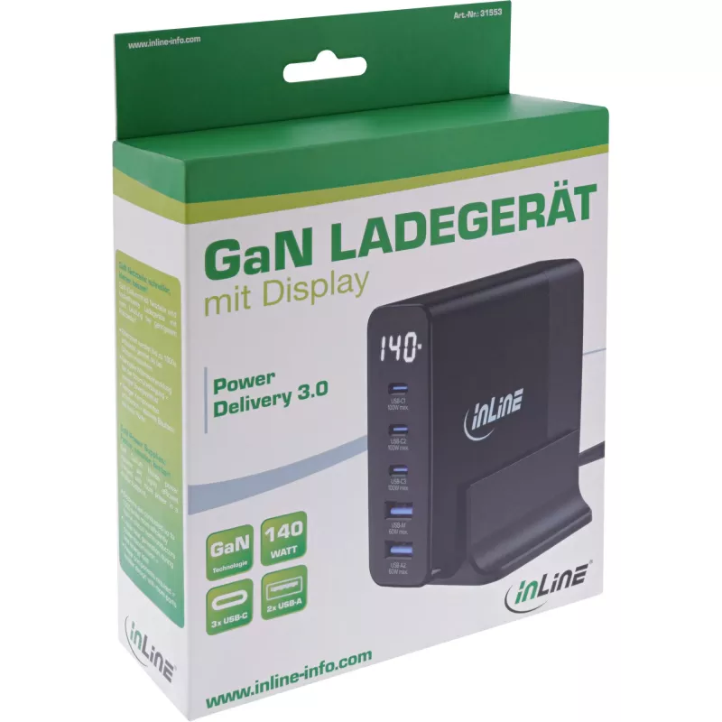 InLine USB PD τροφοδοτικό, φορτιστής GaN, 5 θυρών, USB-C + USB-A, 140W, με ένδειξη