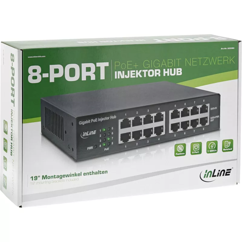 InLine PoE+ Gigabit Network Injector Hub 8 Port (8x PoE+), 1 Gbit/s, 19 ίντσες 1U
