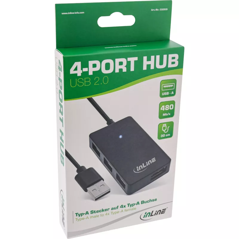 InLine USB 2.0 4-Port Hub, Type-A αρσενικό βύσμα σε 4x Type-A υποδοχή, μαύρο, 30 cm