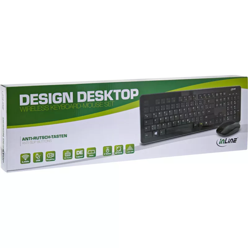 InLine Design σετ επιφάνειας εργασίας, USB 2,4 GHz, μέγ. 1600 dpi, μαύρο, ΓΕΡΜΑΝΙΚΟ