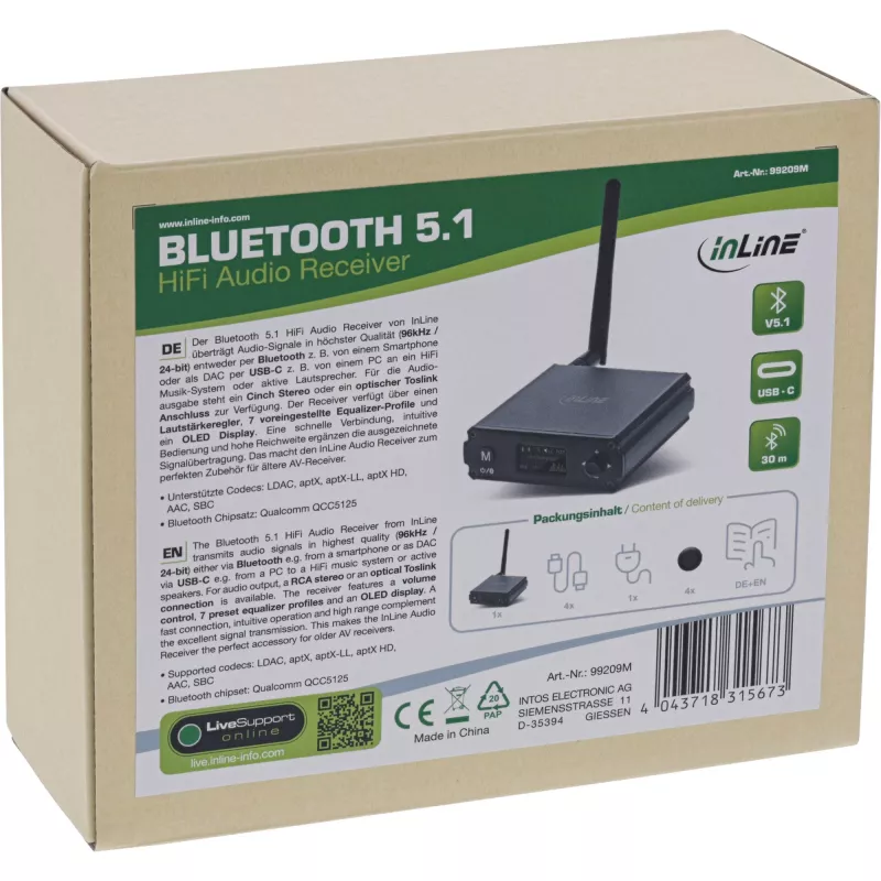 InLine Δέκτης HiFi Bluetooth 5.1 & USB-DAC με LCD εμβέλεια 30m