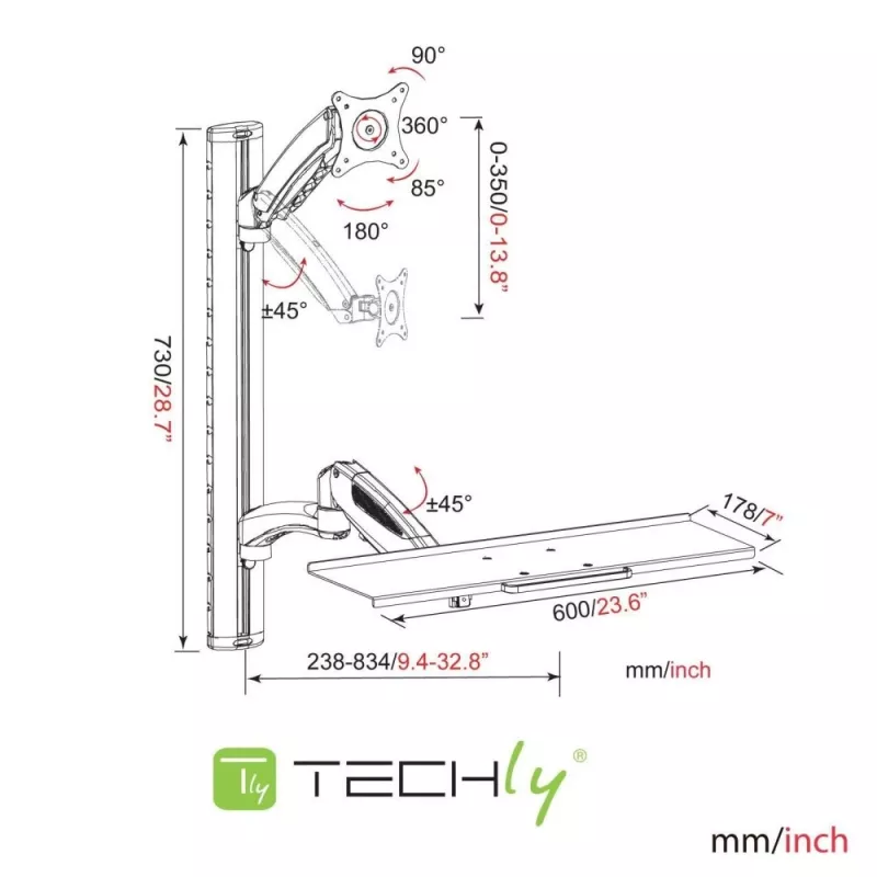 Techly ICA-PLW 02 Βάση Οθόνης / Βάση Στήριξης 68,6 cm (27 ίντσες) Τοίχος Ασημί