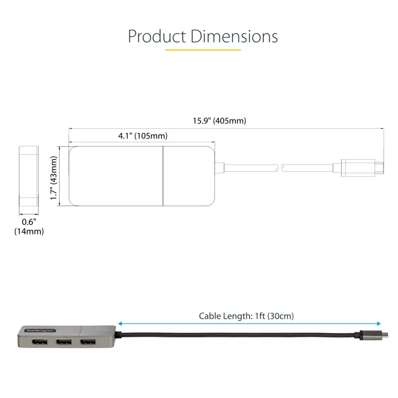 StarTech.com προσαρμογέας USB-C 3 θυρών για πολλαπλές οθόνες, USB Type-C σε 3x DisplayPort 1.4 MST Hub, επέκταση/διαχωριστής οθόνης φορητού υπολογιστή Triple 4K 60Hz DP, HDR, ενσωματωμένο εξαιρετικά μακρύ καλώδιο - μόνο για Windows