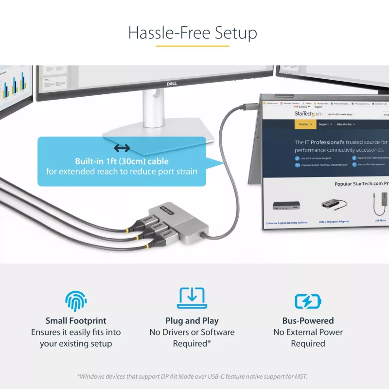 StarTech.com προσαρμογέας USB-C 3 θυρών για πολλαπλές οθόνες, USB Type-C σε 3x DisplayPort 1.4 MST Hub, επέκταση/διαχωριστής οθόνης φορητού υπολογιστή Triple 4K 60Hz DP, HDR, ενσωματωμένο εξαιρετικά μακρύ καλώδιο - μόνο για Windows