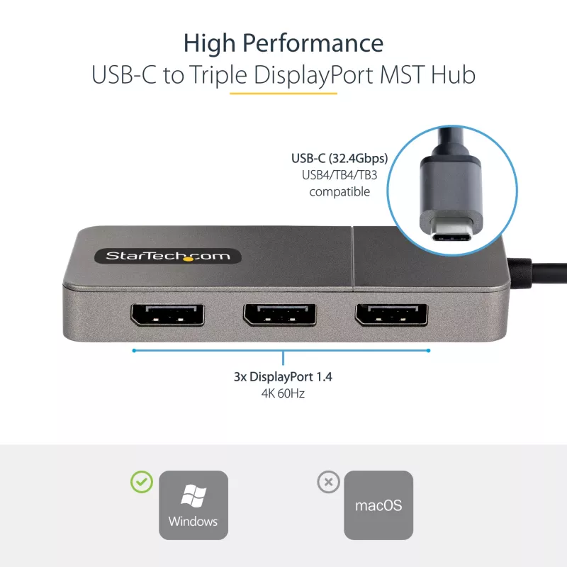 StarTech.com προσαρμογέας USB-C 3 θυρών για πολλαπλές οθόνες, USB Type-C σε 3x DisplayPort 1.4 MST Hub, επέκταση/διαχωριστής οθόνης φορητού υπολογιστή Triple 4K 60Hz DP, HDR, ενσωματωμένο εξαιρετικά μακρύ καλώδιο - μόνο για Windows