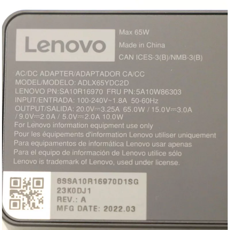 Τροφοδοτικό AC 65W USB Type-C Lenovo 5A10W86303, τροφοδοτικό USB-C PD 65 W