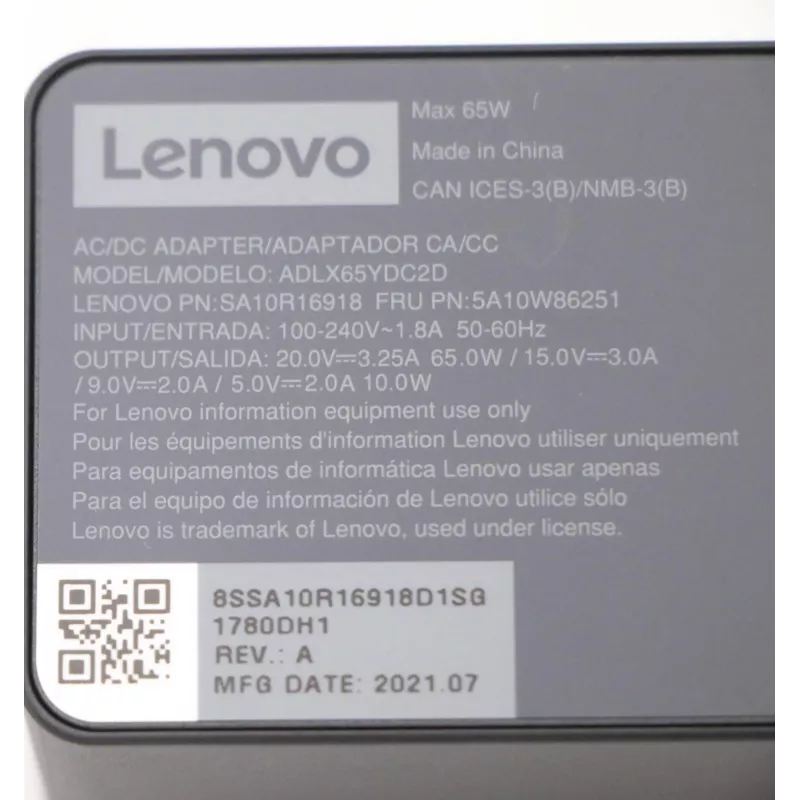 Lenovo 5A10W86251 Τροφοδοτικό εσωτερικού χώρου 65 W Μαύρο