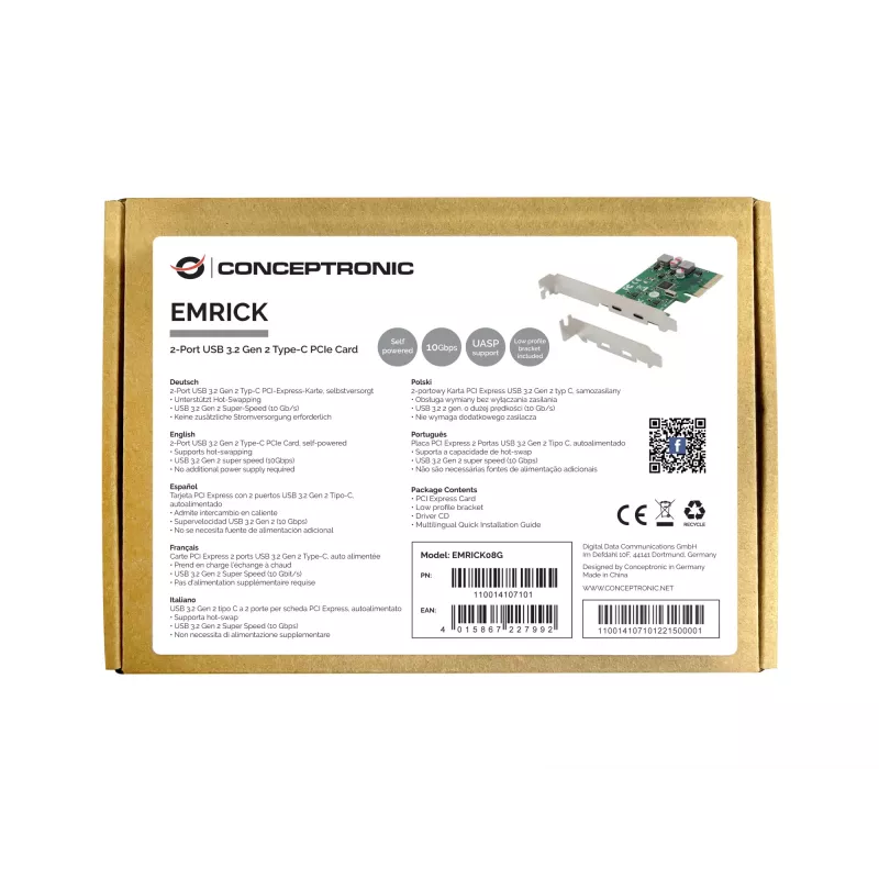 Conceptronic EMRICK Κάρτα PCIe 2 θυρών USB 3.2 Gen 2 Type-C, αυτοτροφοδοτούμενη