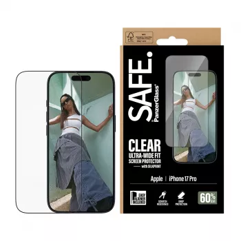 Μεμβράνη προστασίας οθόνης PanzerGlass SAFE. by για iPhone 17 Pro — μεμβράνη PET εξαιρετικά ευρεία με μαύρο πλαίσιο, ξηρή εφαρμογή, ανθεκτική σε γρατσουνιές και κρούσεις