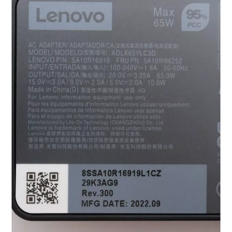 Lenovo 5A10W86252 Τροφοδοτικό εσωτερικού χώρου 65 W Μαύρο