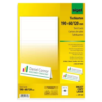 Sigel DP049 Κάρτες τραπεζιού, 190 x 60 mm, 185 g/m², λευκό, 40 τεμ. (20 φύλλα x 2)