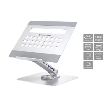 Conceptronic DONN27G, Βάση φορητού υπολογιστή, Ασημί, Αλουμίνιο, 360°, USB 3.2 Gen 1 (3.1 Gen 1) Type-C, 5000 Mbit/s