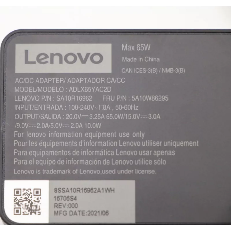 Lenovo 5A10W86295 Τροφοδοτικό εσωτερικού χώρου 65 W Μαύρο