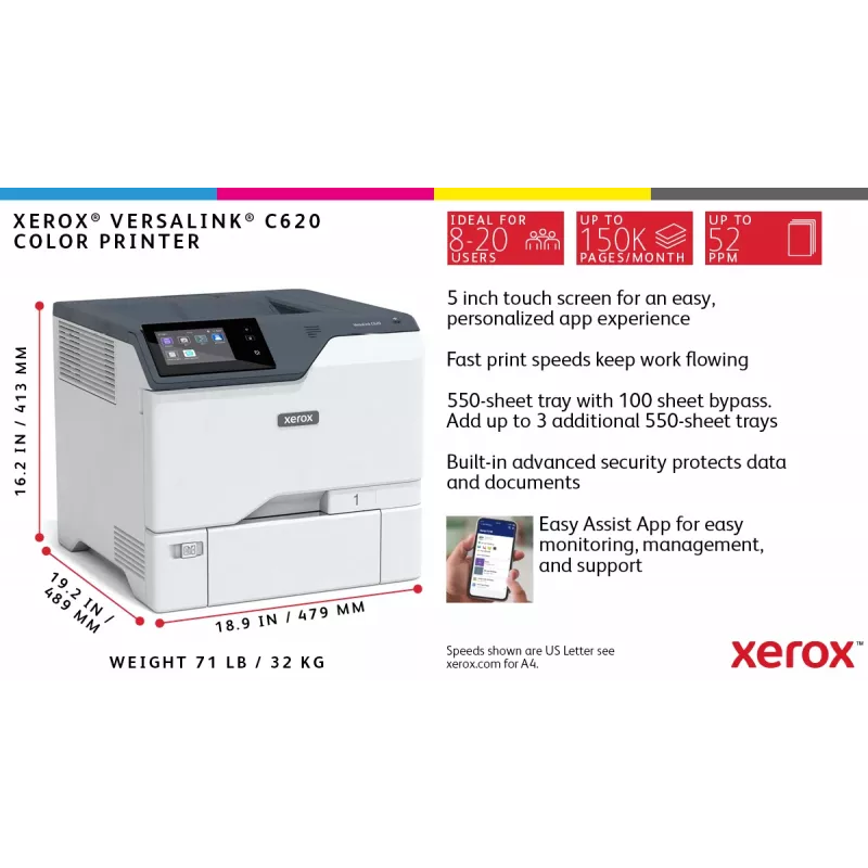 Xerox VersaLink C620 A4 50ppm Duplex Εκτυπωτής PS3 PCL5e/6 2 Θήκες 650 Φύλλα