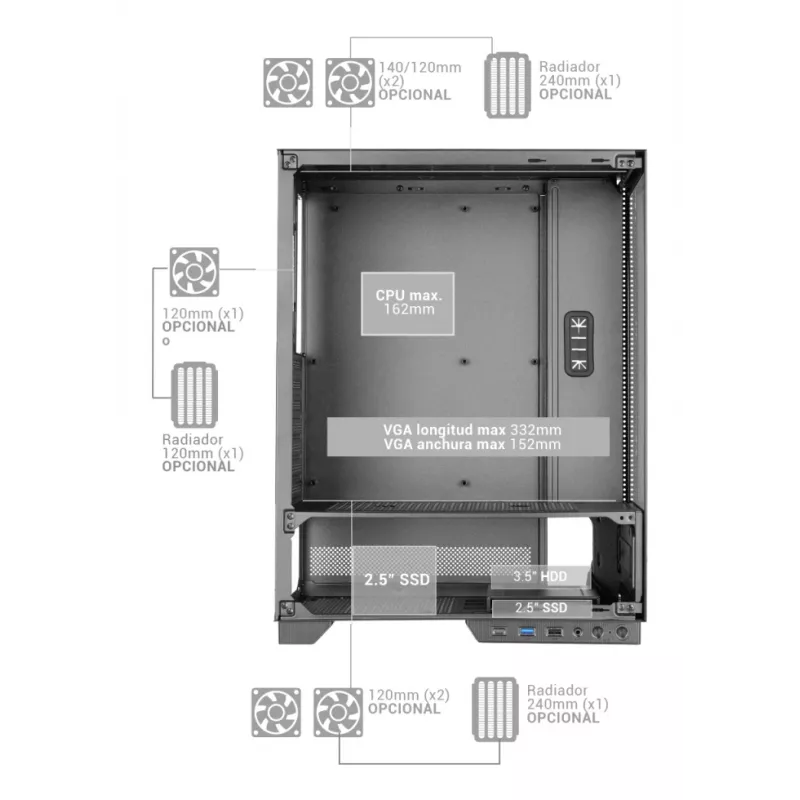 Κουτί PC TACENS MARS MC-PULSAR LCD ATX Midi Tower, tempered glass, Front-LCD, USB-C, υποστηρίζει GPU 33,2 cm