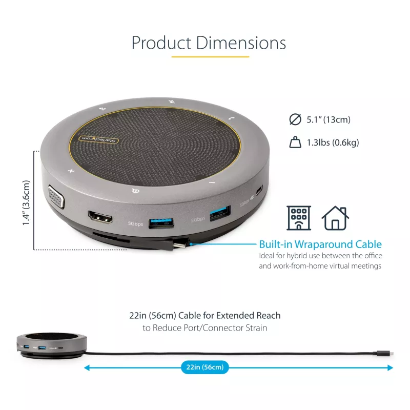 StarTech.com USB-C Speakerphone Docking Station, Mini Portable Conference Speaker και Audio Dock, USB-C σε VGA/4K HDMI, 2x USB-A Hub, Μικρόφωνο/Ηχείο, Teams/Zoom/Softphone Speakerphone