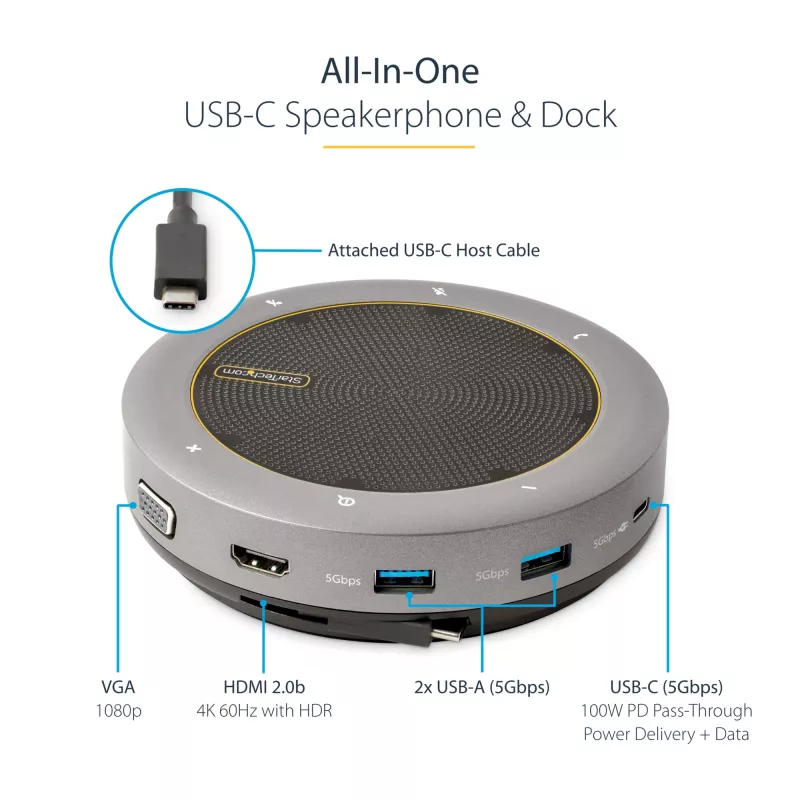 StarTech.com USB-C Speakerphone Docking Station, Mini Portable Conference Speaker και Audio Dock, USB-C σε VGA/4K HDMI, 2x USB-A Hub, Μικρόφωνο/Ηχείο, Teams/Zoom/Softphone Speakerphone