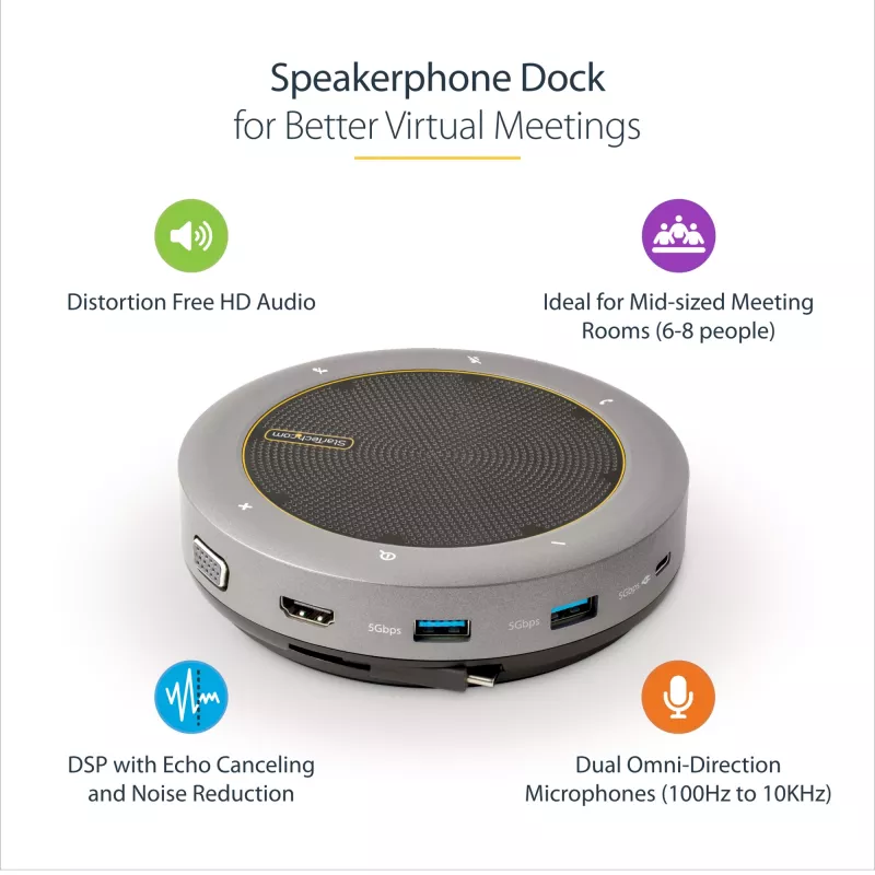StarTech.com USB-C Speakerphone Docking Station, Mini Portable Conference Speaker και Audio Dock, USB-C σε VGA/4K HDMI, 2x USB-A Hub, Μικρόφωνο/Ηχείο, Teams/Zoom/Softphone Speakerphone