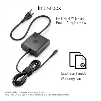 AC USB-C Travel Power Adapter 65W — HP — συμπαγής φορτιστής 100–240V για εσωτερικούς χώρους, μαύρος, 74×74×28,5 mm