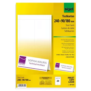 Sigel DP050 Κάρτες τραπεζιού, 240 x 90 mm, 185 g/m², Λευκό, 20 τεμ.