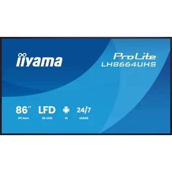 Ψηφιακή οθόνη σήμανσης IIYAMA LH8664UHS-B3AG — 85,6 ίντσες (2,17 m) 3840x2160 4K IPS, 450 cd/m², Wi‑Fi, Android, 24/7, Μαύρο
