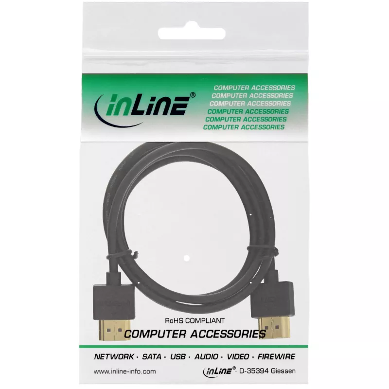 InLine Καλώδιο High Speed HDMI με Ethernet, AM/AM, ultra flat, μαύρο/χρυσό, 0,5 m