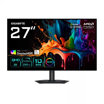 GIGABYTE MO27Q28G 27 ίντσες OLED QHD Οθόνη gaming – 2560 x 1440, 280 Hz, 0,03 ms, 335 cd/m², DisplayHDR True Black 500, HDMI 2.1, DisplayPort 1.4
