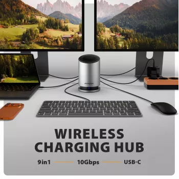 AXAGON HMC-WL9 USB-C 9‑σε‑1 Docking-Hub με 10 Gbit/s, 100W PD, 8K HDMI, Ethernet, ασύρματη φόρτιση