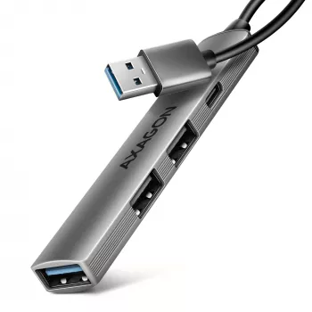 USB hub AXAGON HUE-STA — 4 θυρών αλουμινένια μπάρα, 1× USB-A 5 Gbit/s + 2× USB-A & 1× USB-C 480 Mbit/s, USB-A host, γκρι