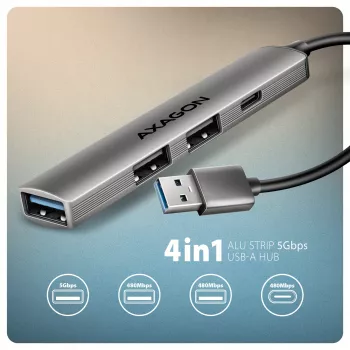 USB hub AXAGON HUE-STA — 4 θυρών αλουμινένια μπάρα, 1× USB-A 5 Gbit/s + 2× USB-A & 1× USB-C 480 Mbit/s, USB-A host, γκρι