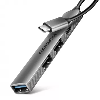 USB hub AXAGON HUE-STC, 4 θυρών αλουμινένια μπάρα, 1x USB-A 5 Gbit/s + 2x USB-A & 1x USB-C 480 Mbit/s, USB-C host, καλώδιο 12 cm, γκρι