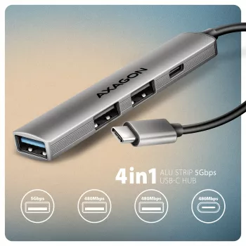 USB hub AXAGON HUE-STC, 4 θυρών αλουμινένια μπάρα, 1x USB-A 5 Gbit/s + 2x USB-A & 1x USB-C 480 Mbit/s, USB-C host, καλώδιο 12 cm, γκρι