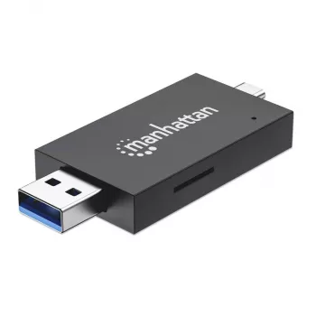 Manhattan USB-A / USB-C Συνδυαστικός πολυαναγνώστης/-εγγραφέας καρτών, 5 Gbit/s (USB 3.2 Gen1 γνωστό και ως USB 3.0), βύσμα αρσενικό σε υποδοχές microSD και SD/MMC, Mini-Format, SuperSpeed USB, Windows ή Mac, Μαύρο/Διαφανές, τρία χρόνια εγγύηση