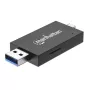 Manhattan USB-A / USB-C Συνδυαστικός πολυαναγνώστης/-εγγραφέας καρτών, 5 Gbit/s (USB 3.2 Gen1 γνωστό και ως USB 3.0), βύσμα αρσενικό σε υποδοχές microSD και SD/MMC, Mini-Format, SuperSpeed USB, Windows ή Mac, Μαύρο/Διαφανές, τρία χρόνια εγγύηση