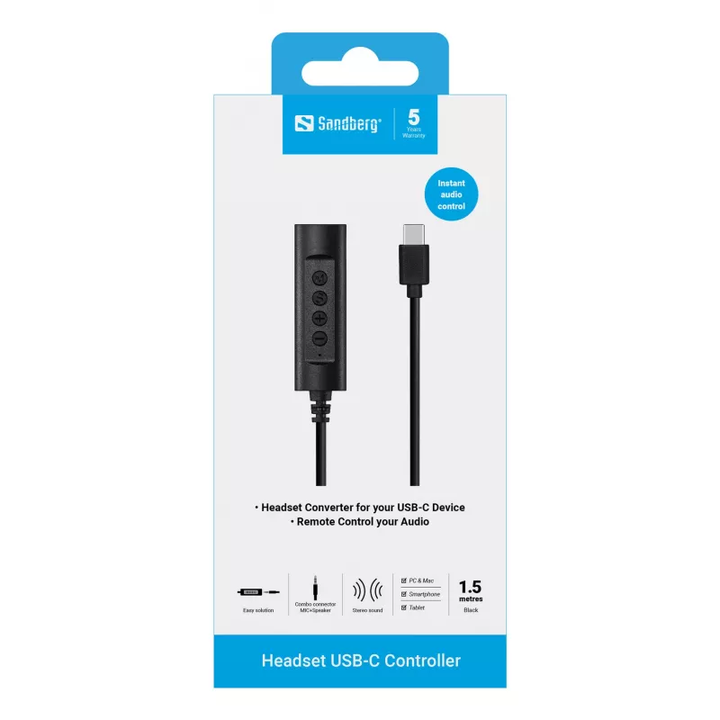 Sandberg Headset USB-C Controller, 1,5 m, χειριστήριο, 25 g, μαύρο
