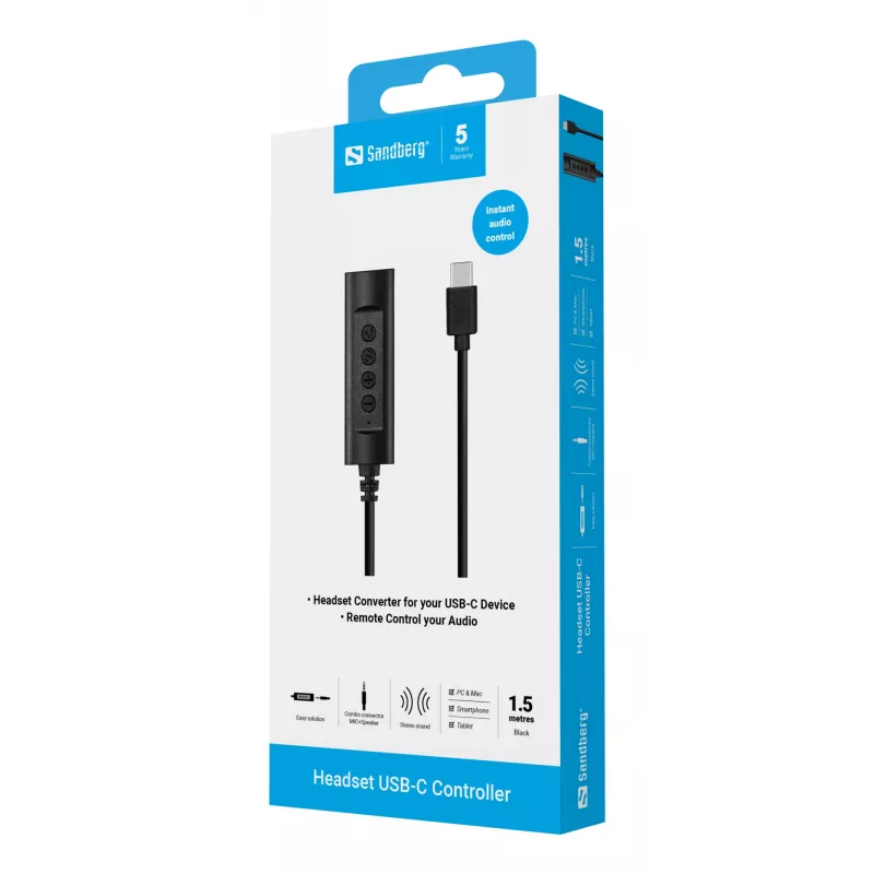 Sandberg Headset USB-C Controller, 1,5 m, χειριστήριο, 25 g, μαύρο