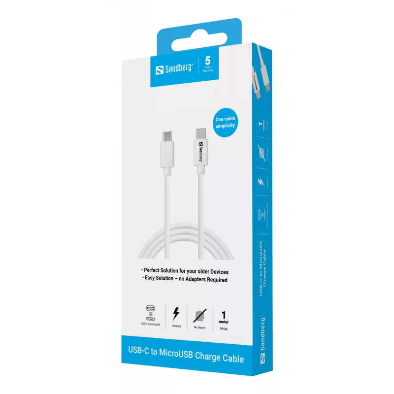 Sandberg καλώδιο φόρτισης USB-C>MicroUSB 1m, 1 m, USB C, Micro-USB B, λευκό