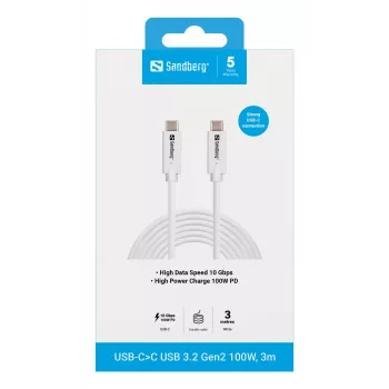 Sandberg USB-C σε USB-C USB 3.2 Gen2 100W, 3m, 3 m, USB C, USB C, USB 3.2 Gen 2 (3.1 Gen 2), 10 Gbit/s, λευκό