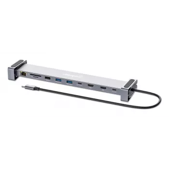 Manhattan USB-C Dock/Hub με αναγνώστη καρτών και MST, θύρες (x7): Ethernet, HDMI (x2 4k@60Hz), USB-A (x3) και USB-C, με Power Delivery (PD) 100 W – απαιτεί εξωτερικό φορτιστή USB-C (δεν περιλαμβάνεται). Τροφοδοσία μέσω USB (δεν απαιτείται εξωτερικό τροφοδοτικό) όταν δεν χρησιμοποιείται PD