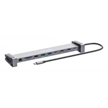 Manhattan USB-C Dock/Hub με αναγνώστη καρτών και MST, θύρες (x7): Ethernet, HDMI (x2 4k@60Hz), USB-A (x3) και USB-C, με Power Delivery (PD) 100 W – απαιτεί εξωτερικό φορτιστή USB-C (δεν περιλαμβάνεται). Τροφοδοσία μέσω USB (δεν απαιτείται εξωτερικό τροφοδοτικό) όταν δεν χρησιμοποιείται PD