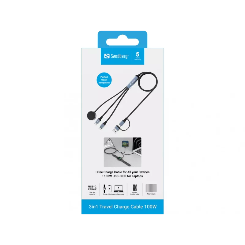 Sandberg 3in1 Travel Charge Καλώδιο 100W, 1,2 m, USB A/USB C, Μαύρο