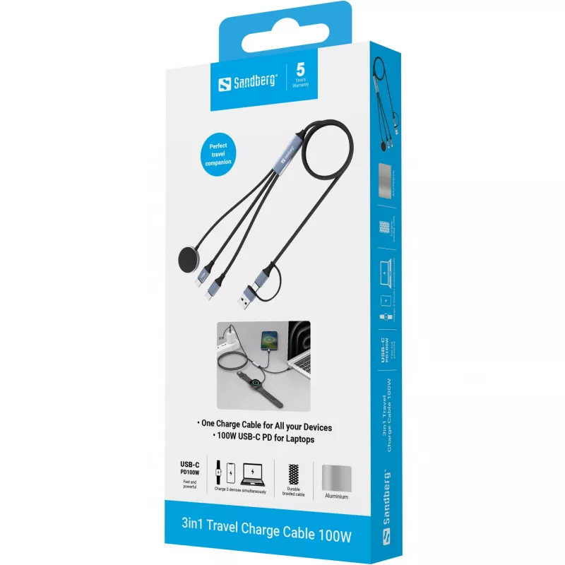 Sandberg 3in1 Travel Charge Καλώδιο 100W, 1,2 m, USB A/USB C, Μαύρο