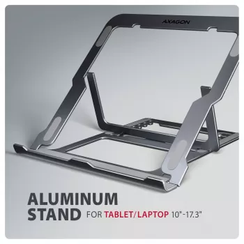 Axagon STND-LAG Βάση αλουμινίου για laptops 10 inch–17,3 inch. Οκτώ ρυθμιζόμενα ύψη και γωνίες κλίσης. Γκρι χρώμα.