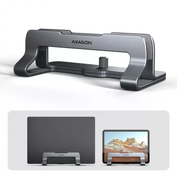 Axagon STND-VG Βάση αλουμινίου για κάθετη τοποθέτηση laptops 10 inch–17,3 inch. Ρυθμιζόμενο πλάτος υποδοχής 9,5–25,5 mm. Γκρι έκδοση.