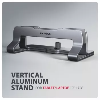 Axagon STND-VG Βάση αλουμινίου για κάθετη τοποθέτηση laptops 10 inch–17,3 inch. Ρυθμιζόμενο πλάτος υποδοχής 9,5–25,5 mm. Γκρι έκδοση.