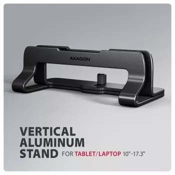 Axagon STND-VB Βάση αλουμινίου για κάθετη τοποθέτηση laptops 10 inch – 17,3 inch. Ρυθμιζόμενο πλάτος υποδοχής 9,5–25,5 mm. Μαύρη έκδοση.