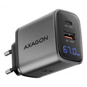 Φορτιστής τοίχου AXAGON ACU-PQ67D, 67W, USB-C PD3.0 + USB-A QC4+, 2 έξοδοι, οθόνη LCD, 100–240V